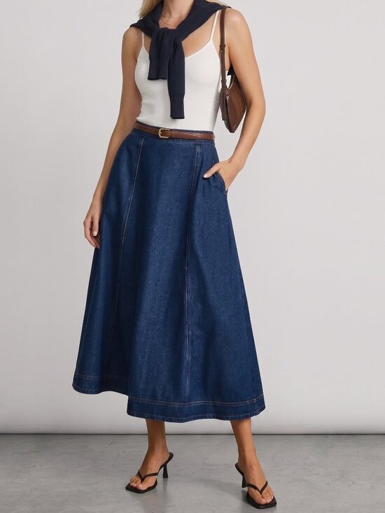 Dresses & Skirts - Women's Dark Blue Denim A-Line Maxi Skirt High Waist Jean Skirt With Pockets